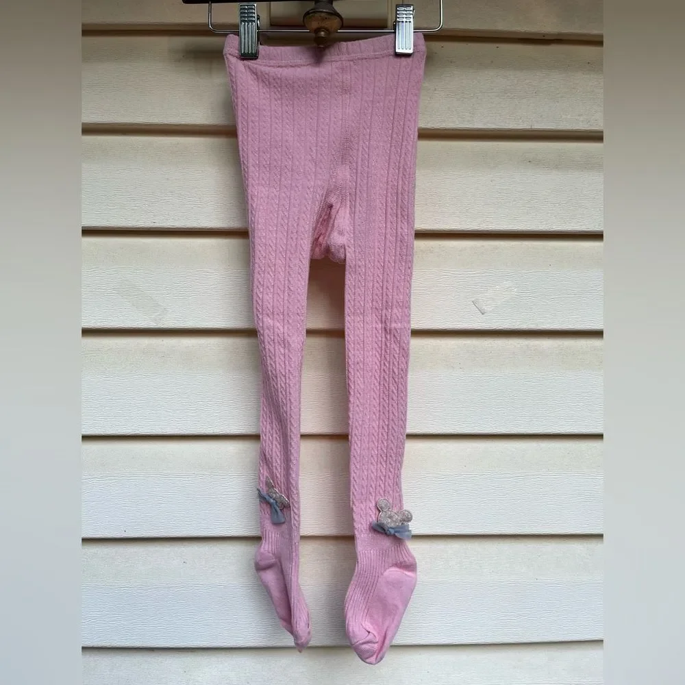 Pink braided pattern girls tights/pantyhose, teddy app on ankles, new, 3 yo